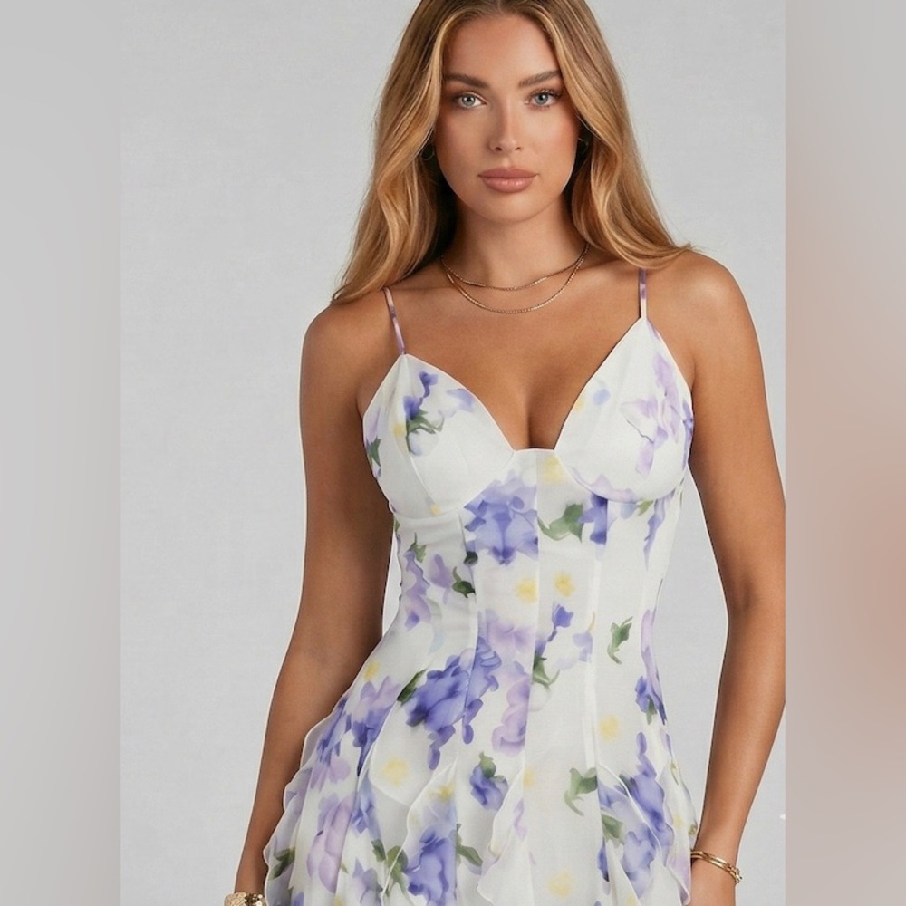 Floral V-Neck Tiered Ruffle Gown Maxi Dress | Purple & White - Picture 7 of 9